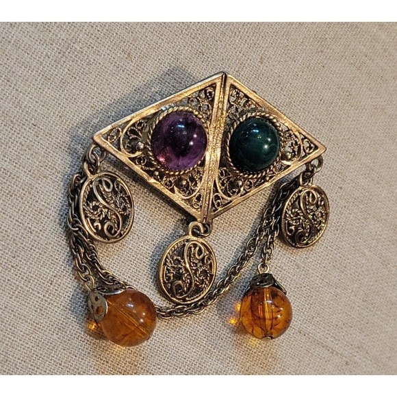 VTG Retro Ornate Filigree Jewel tone Beaded Dangles Antiqued Gold Brooch Pin - Picture 5 of 6